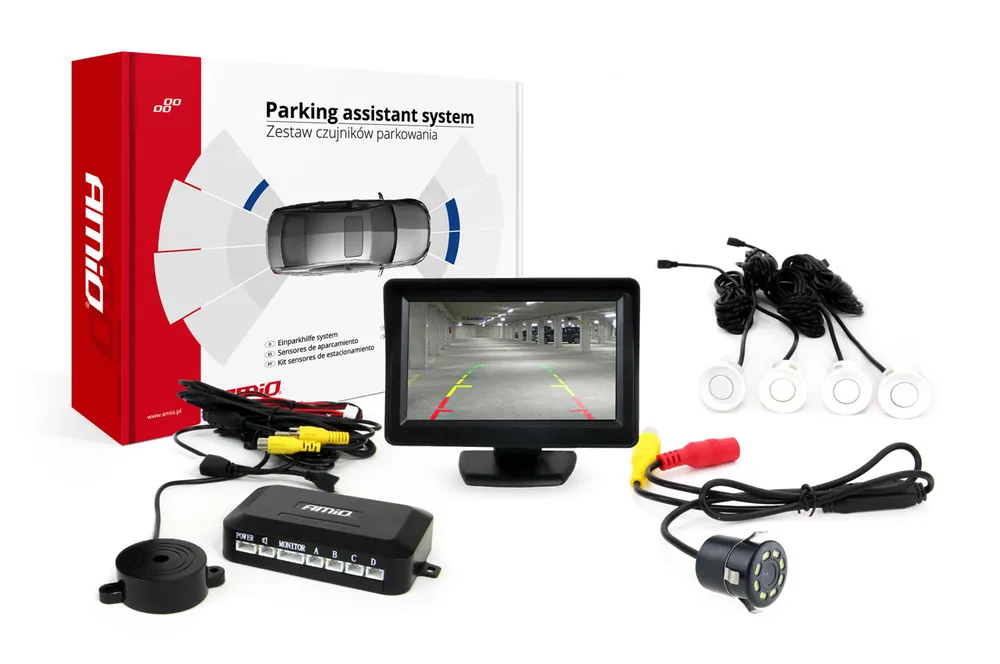Flash-Tarjous Pysäköintiavustin TFT01 4,3″ HD-308-LED kameralla ja 4 anturilla valkoinen