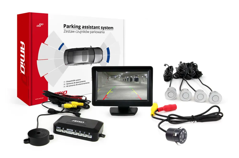 Ajankohtainen Pysäköintiavustin TFT01 4,3″ HD-307-IR kameralla ja 4 anturilla hopea