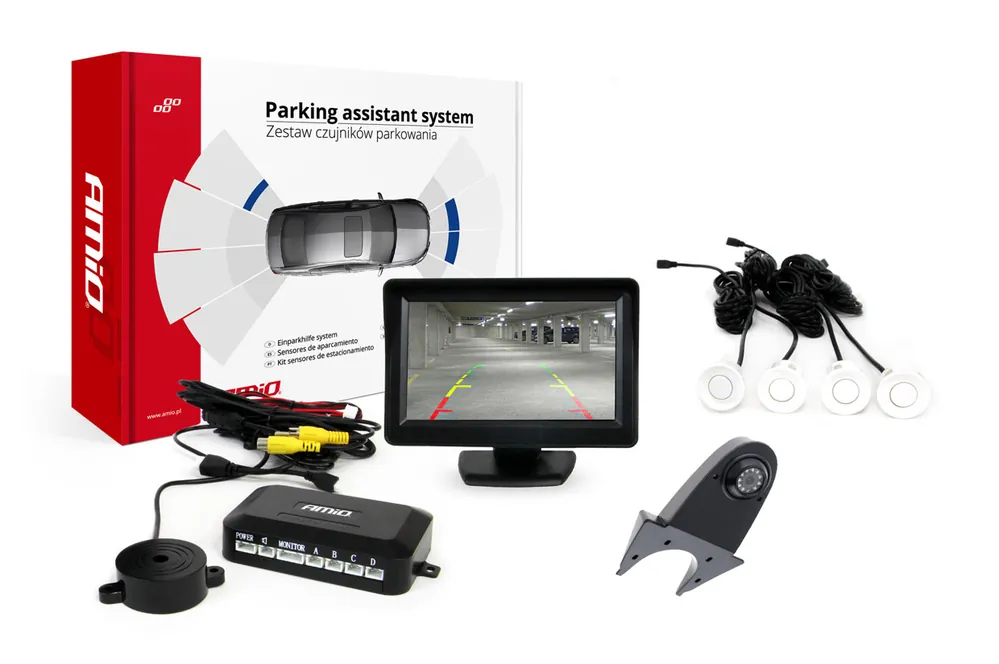 Pysäköintiavustin TFT01 4,3″ HD-502-IR kameralla ja 4 anturilla valkoinen Tarjous