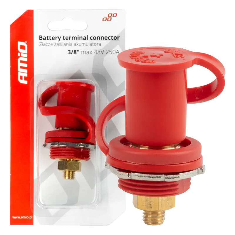 Punainen plus-akkupiikaliitin kannella 3/8 M10 12 V 24 V 48 V 250A Alennettu