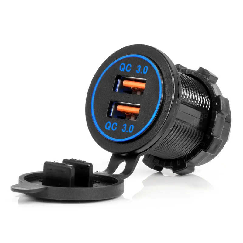 Vedenpitävä puhelinlaturi sinisellä LED-taustavalaistuksella 2xUSB QC3.0 12/24V Superhinta