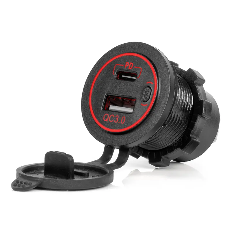 Vedenpitävä puhelinlaturi punaisella LED-taustavalaistuksella 2xUSB QC3.0 12/24 V Suosittu