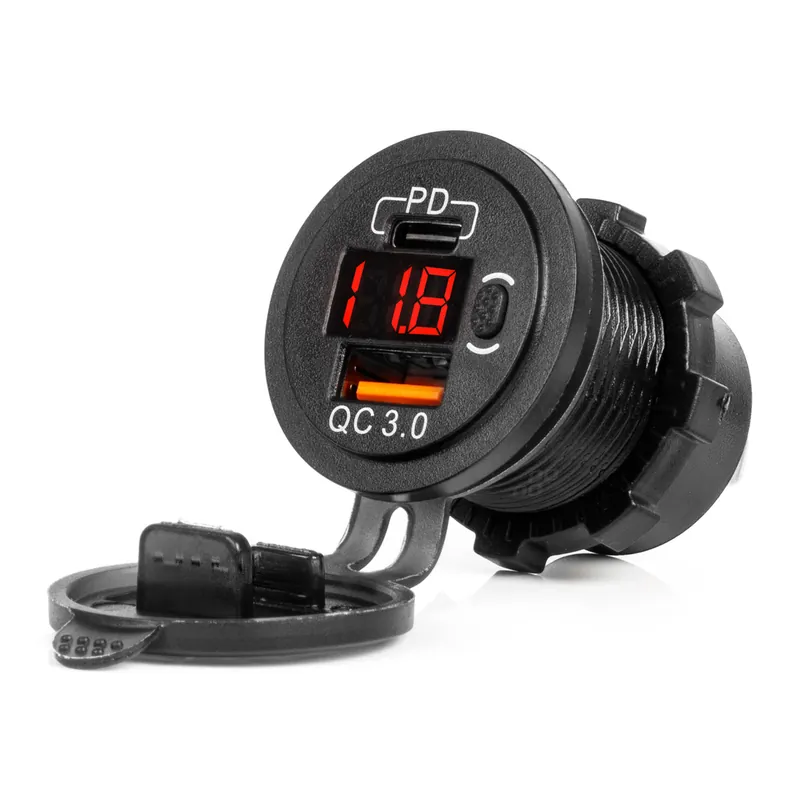 Vedenpitävä puhelinlaturi kytkimellä, punainen LED-merkkivalo, digitaalinen jännitemittari, USB + USB C QC3.0, 12/24 V Viikonlopputarjous