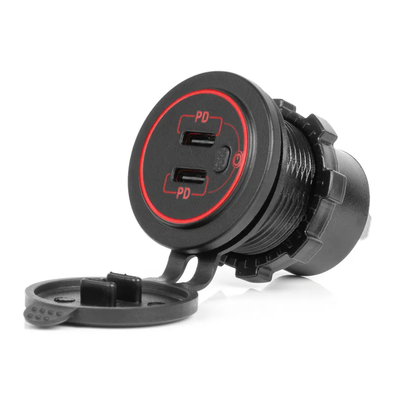 Ajankohtainen Vedenpitävä puhelinlaturi kytkimellä, punainen LED-taustavalo, 2 x USB C, 12/24 V