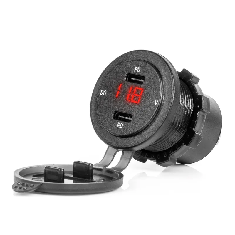 Vedenpitävä puhelinlaturi kytkimellä, punainen LED-merkkivalo, digitaalinen jännitemittari, USB + USB C QC3.0, 12/24 V Kuuma Tarjous