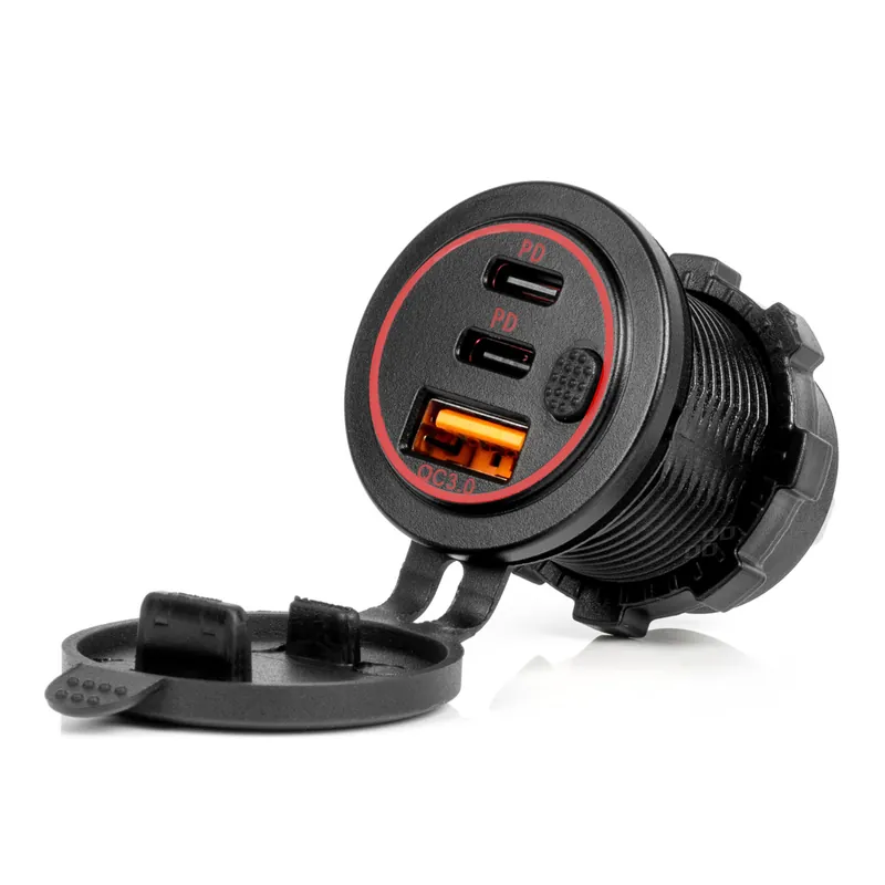 Vedenpitävä puhelinlaturi kytkimellä, punainen LED-taustavalo, USB + 2 x USB C QC3.0, 12/24 V Asiakkaiden Suosikki