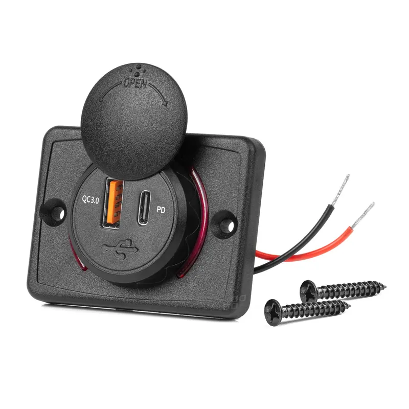 Neliönmuotoinen vedenpitävä puhelinlaturi PUNAISELLA LED-taustavalaistuksella, USB + USB C QC3.0 12/24 V Edullinen
