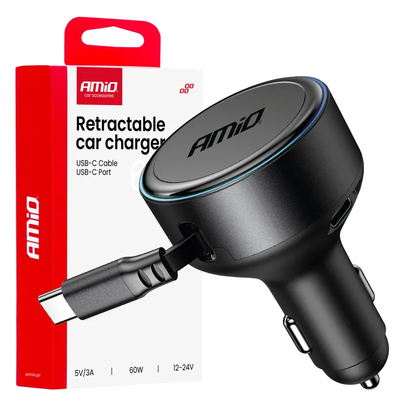 Aito Sisäänvedettävä autolaturi USB-C-kaapelilla + USB-C-liitännällä 12/24 V 60 W