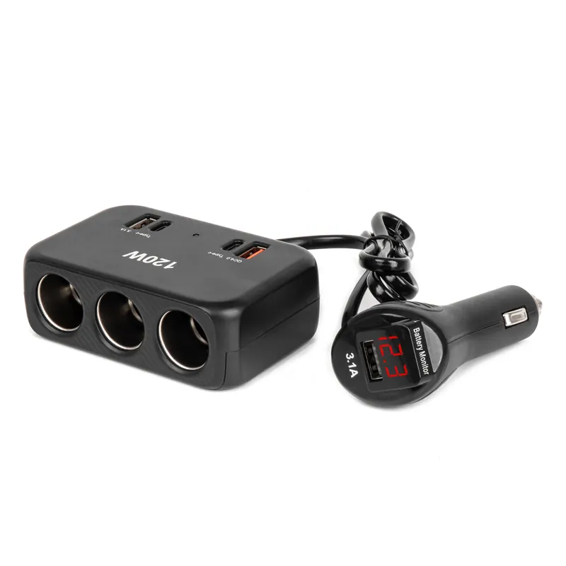 Halpa Jatkojohto 2x USB-A 1x USB-C QC4.0 12V/24V 120W 80cm tupakansytyttimeen