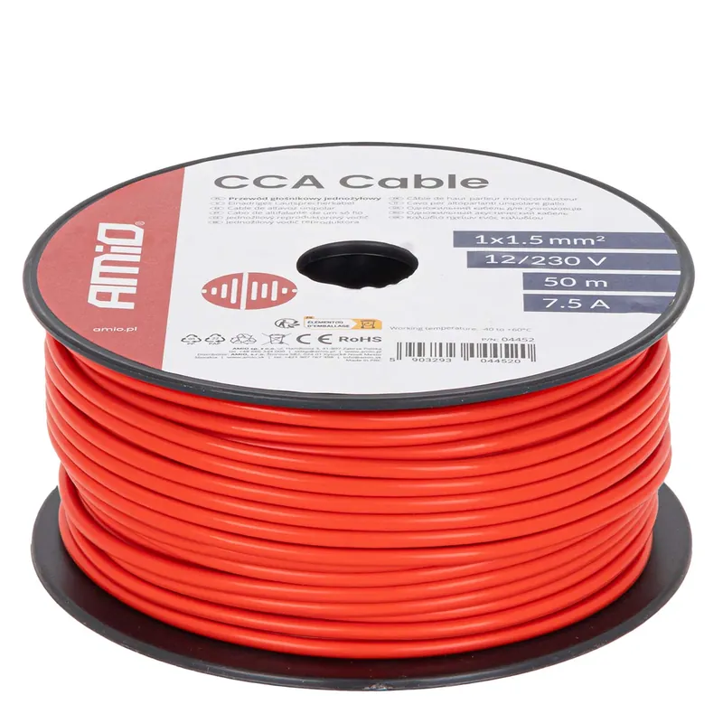 Sertifioitu Kaiutinkaapeli CCA 1×1,5 mm², 50 m, 7,5 A, 12/230 V, yksisäikeinen