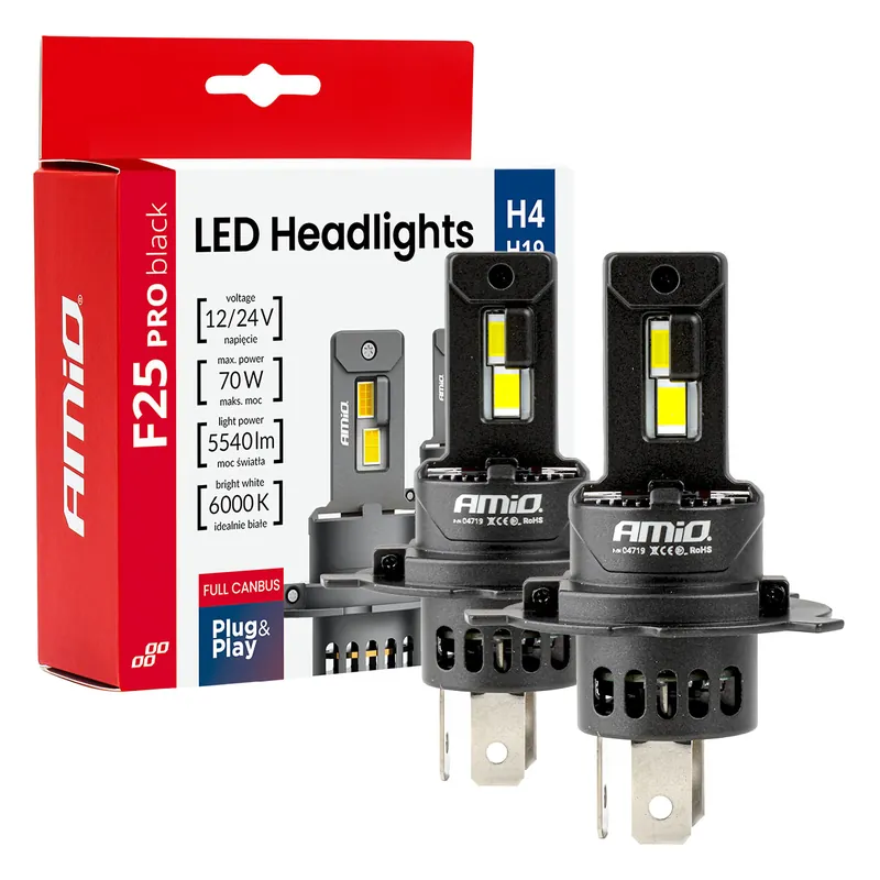 LED-ajovalot F25 PRO BLACK FULL CANBUS H4 H19 70W 12V/24V Suosittu