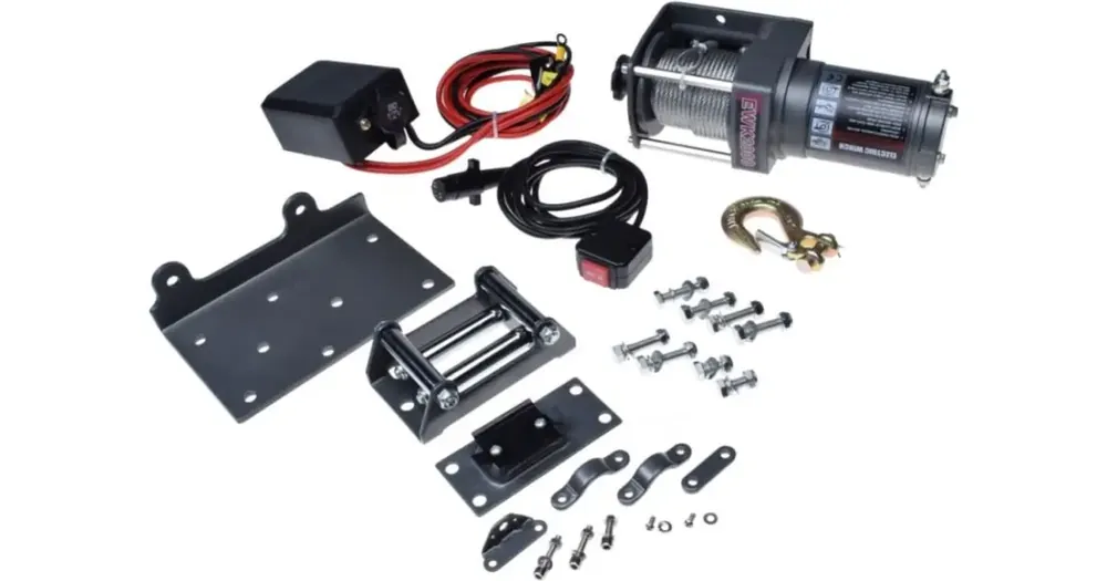 ATV-vinssi, vetokyky 1043 kg, 12 V 0,8 HP, teräsvaijeri 14 metriä 4,1 mm, EWK 2000 Viimeinen Mahdollisuus